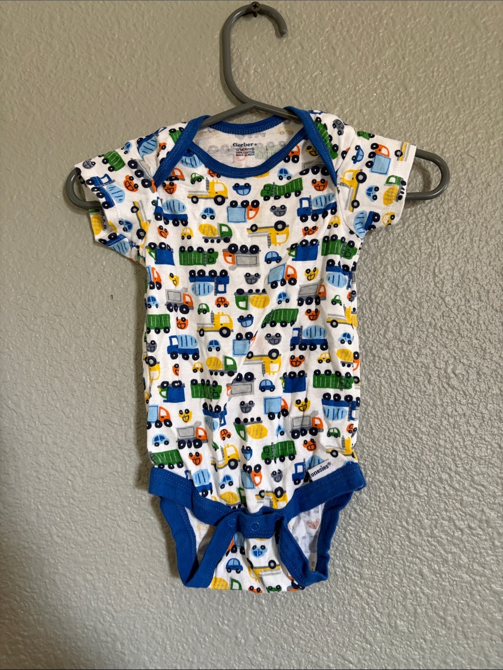 White & Blue Vehicle Print Baby One-Piece